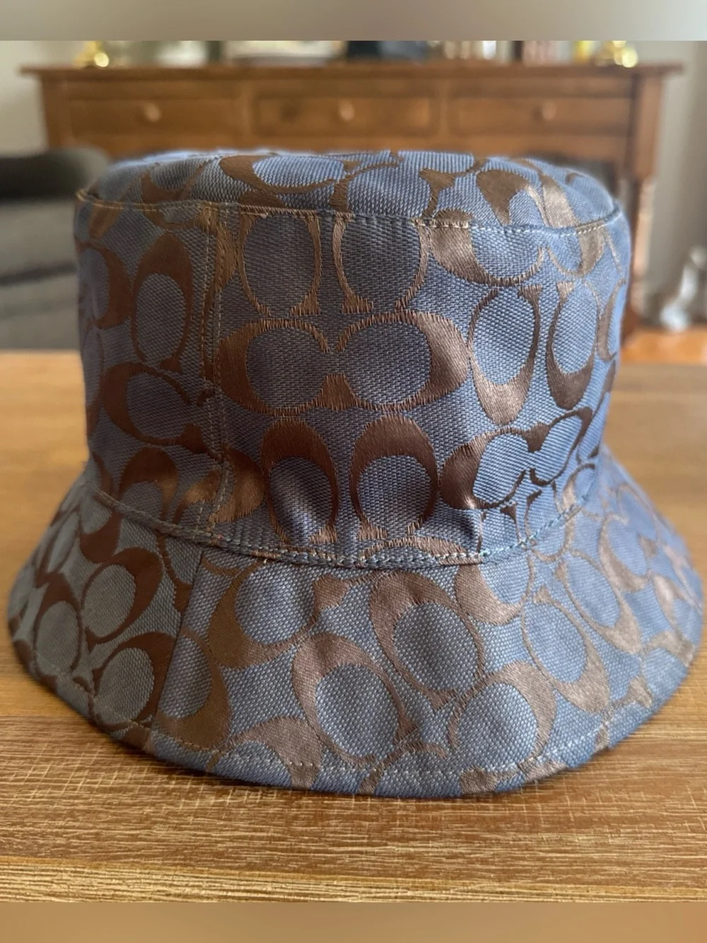 Coach Signature Jacquard Bucket Hat in a blue and brown monogram print